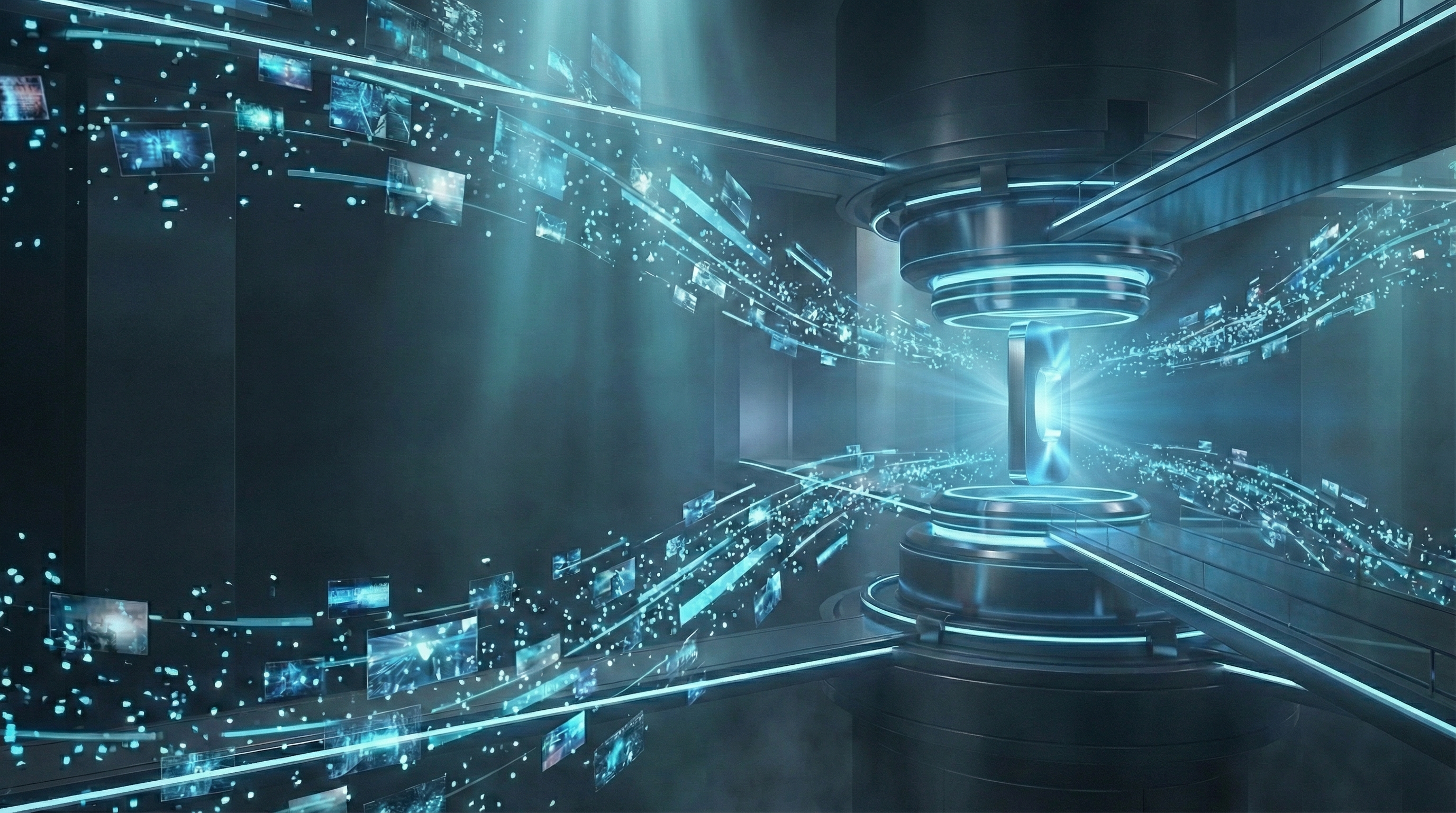 Abstract media intelligence streams converging in a futuristic environment