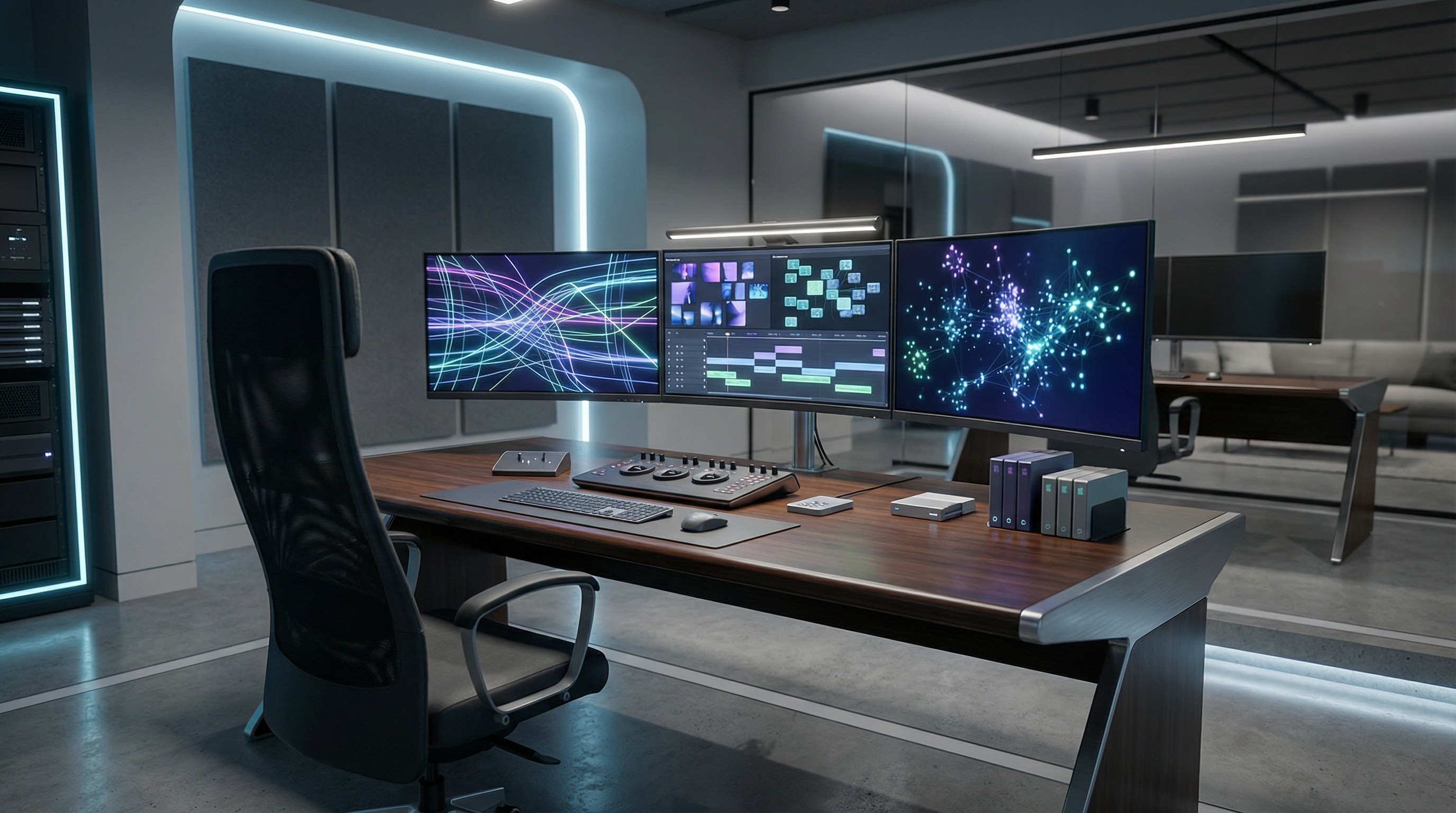 Editorial workspace with abstract timelines and retrieval results