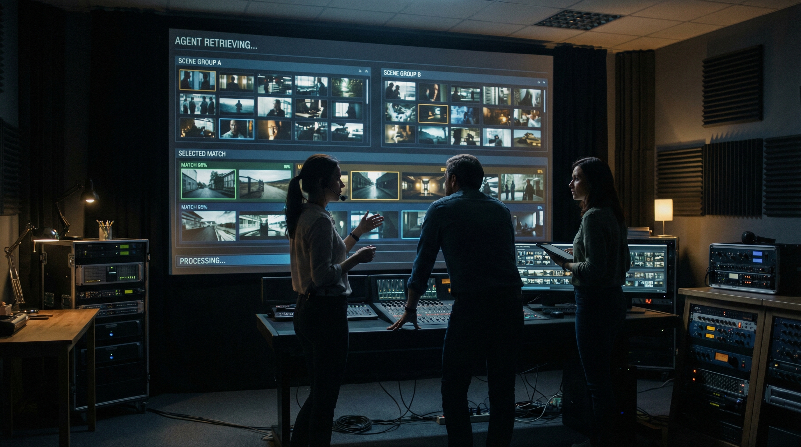 Editorial team using a voice-driven agent to retrieve footage on a large screen